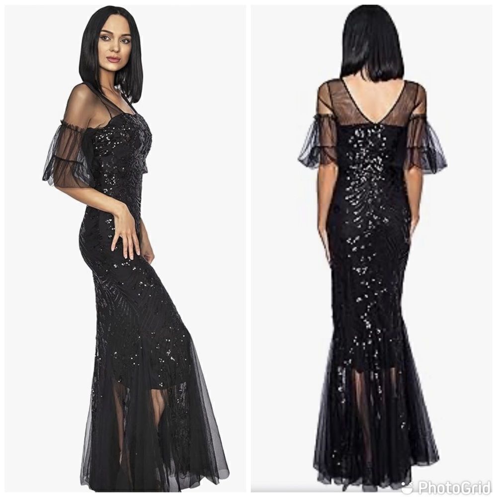 Tulle black Flared Sleeve Evening Party Dress Elegant Mermaid gown dress Medium